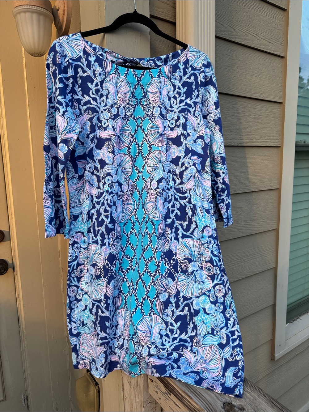 Lilly Pulitzer Navy and Aqua Floral Long-Sleeve Shift Dress